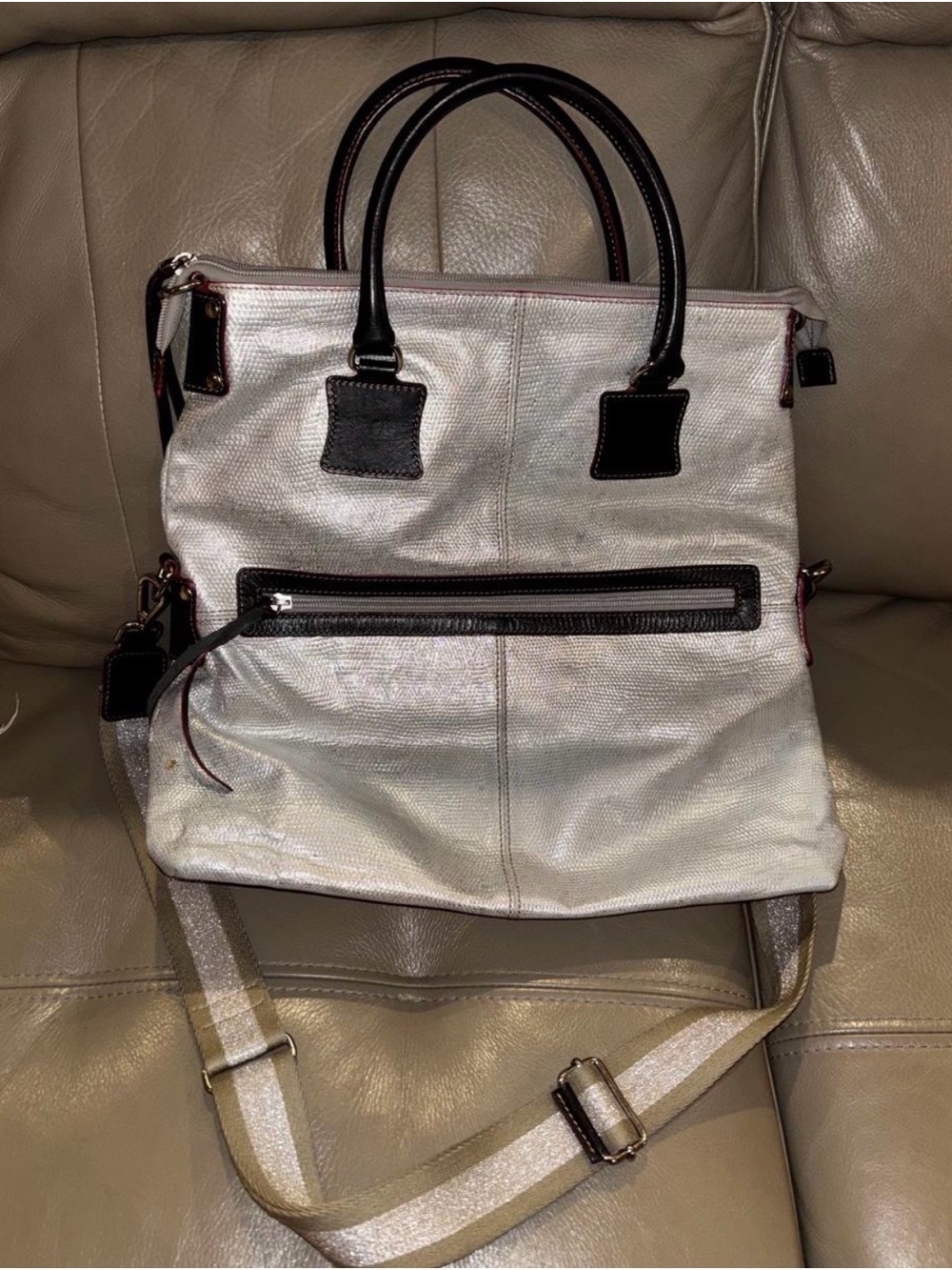 Silver Shoulder Tote with Black Trim - Convertible Carry